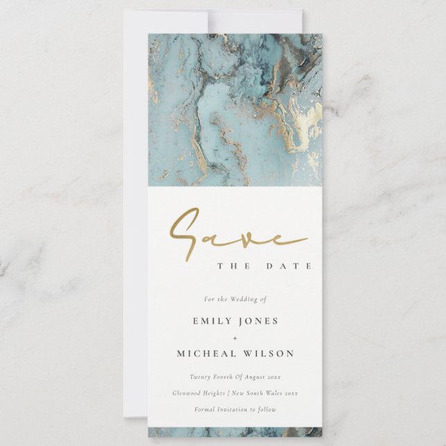 MODERNES AQUA DUSKY BLAUE GOLD AGATE SAVE THE DATE EINLADUNG (Vorderseite)