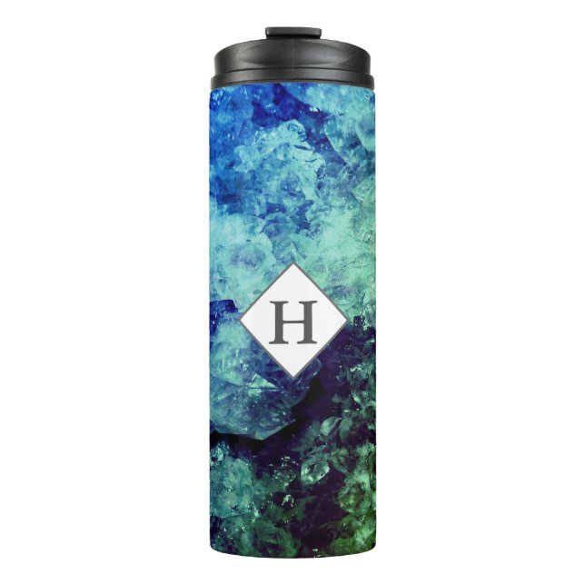 Modernes Aqua & Green Geode mit Initial Thermosbecher (Vorderseite)