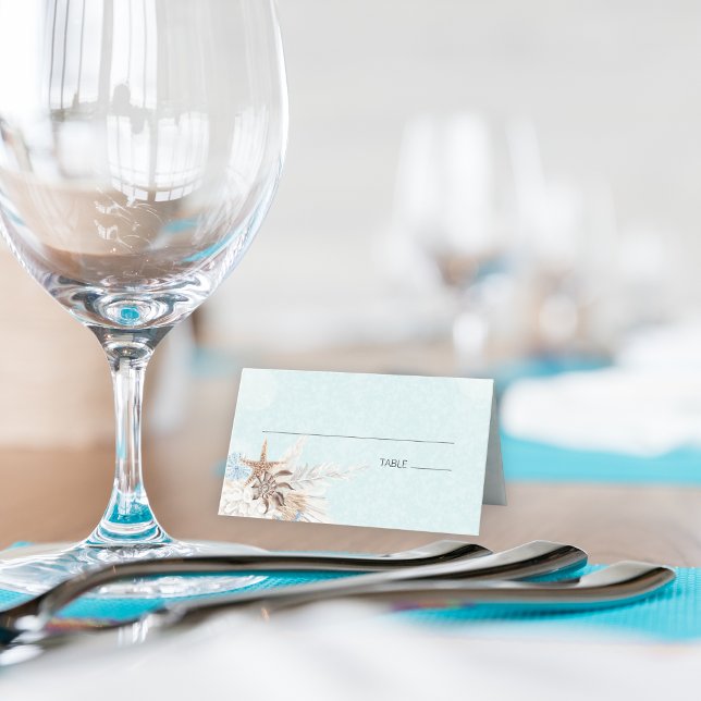 Modernes Aqua Ocean & Muscheln Hochzeit Platzkarte (Modern Aqua Ocean & Seashells Folded Place Card)