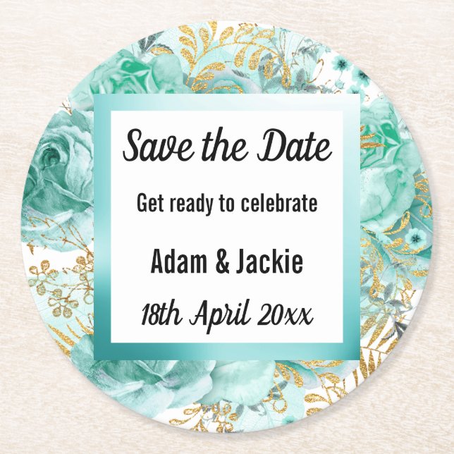 MODERNES AQUA WEISS SAVE THE DATE UNTERSETZER (Vorderseite)
