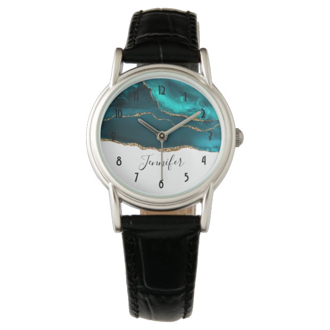 Modernes Aquamarin & Gold Agate auf Weiß Armbanduhr (Vorderseite)