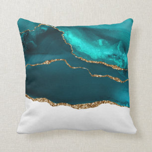 Modernes Aquamarin & Gold Agate auf Weiß Kissen