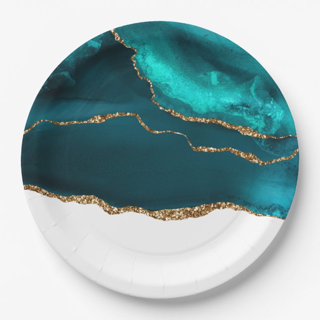 Modernes Aquamarin & Gold Agate auf Weiß Pappteller (Vorderseite)