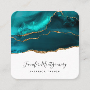 Modernes Aquamarin & Gold Agate auf Weiß Quadratische Visitenkarte