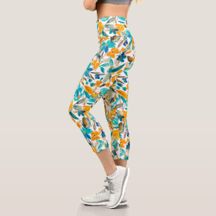 Modernes aquamarin-orangefarbenes Blumenmuster Capri Leggings