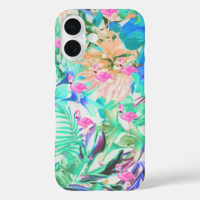 Modernes, aquamarin rosa florales Flamingo iPhone 16 Hülle (Rückseite)