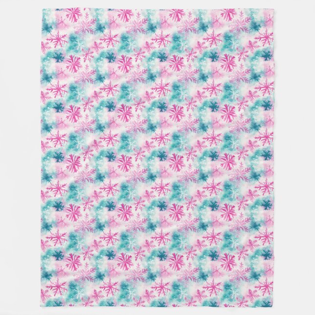Modernes Aquamarin-rosa Schneeflockenmuster Fleecedecke (Vorderseite)