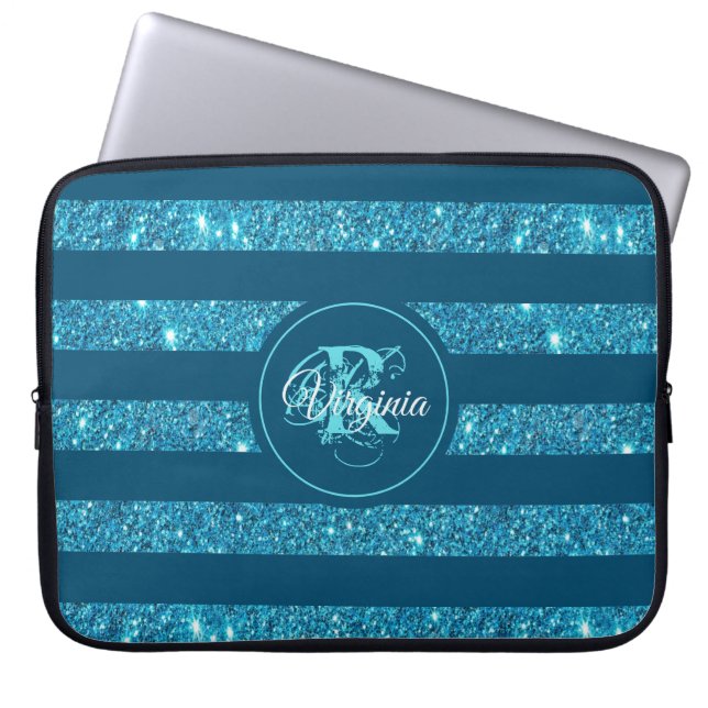 Modernes Aquamariner blauer Glitzer Streifen Monog Laptopschutzhülle (Vorderseite)