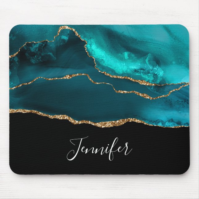 Modernes Aquamarines Agate & Gold Ribbon auf Schwa Mousepad (Vorne)