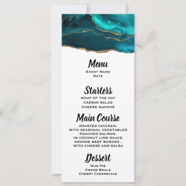 Modernes Aquamarines Agate & Gold Ribbon Menü Einladung (Vorderseite)