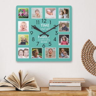 Modernes, Aquamarines Angebot für 12 Collage Famil Quadratische Wanduhr