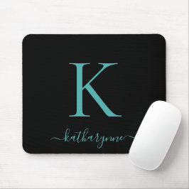 Modernes Aquamarines Aqua Monogram Script schwarz Mousepad