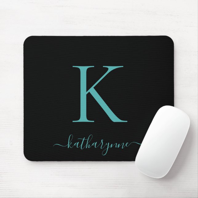 Modernes Aquamarines Aqua Monogram Script schwarz Mousepad (Mit Mouse)