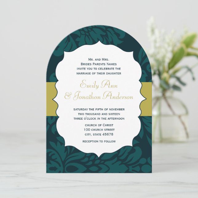 Modernes Aquamarines Aqua und Limone Damask Wedite Einladung (Stehend Vorderseite)