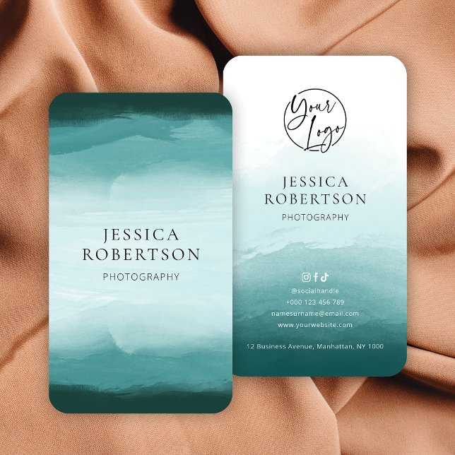 Modernes, Aquamarines Berufliches Logo für Aquarel Visitenkarte (Modern teal watercolor business cards with your logo and custom text)