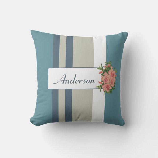 Modernes Aquamarines Blau und gestreifte Blüten Kissen (Vorderseite)