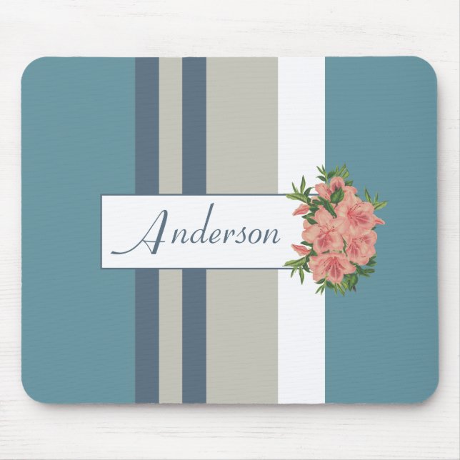 Modernes Aquamarines Blau und gestreifte Blüten Mousepad (Vorne)