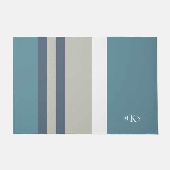 Modernes Aquamarines Blau und Tan Streifen Persona Fußmatte (Vorderseite)