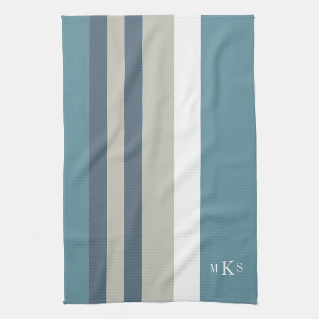 Modernes Aquamarines Blau und Tan Streifen Persona Geschirrtuch (Vertikal)