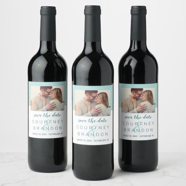 Modernes Aquamarines Blue Green Wedding Foto Save  Weinetikett (Flaschen)
