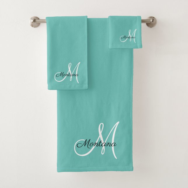 Modernes Aquamarines, elegantes Monogramm-Skript Badhandtuch Set (Insitu)
