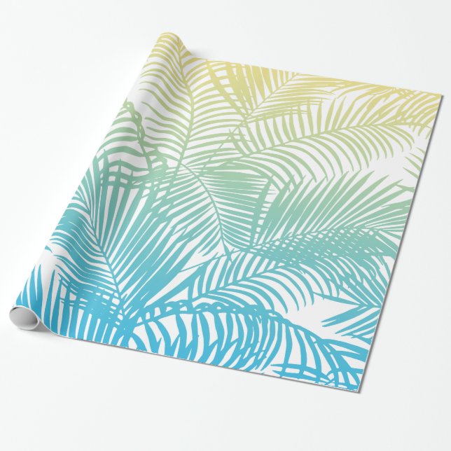 Modernes aquamarines gelbes tropisches Palmemuster Geschenkpapier (Ungerollt)