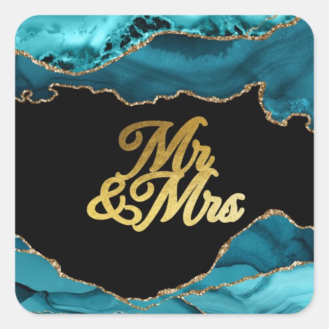 Modernes Aquamarines Gold Agate Mr. & Mrs. Wedding Quadratischer Aufkleber (Vorderseite)