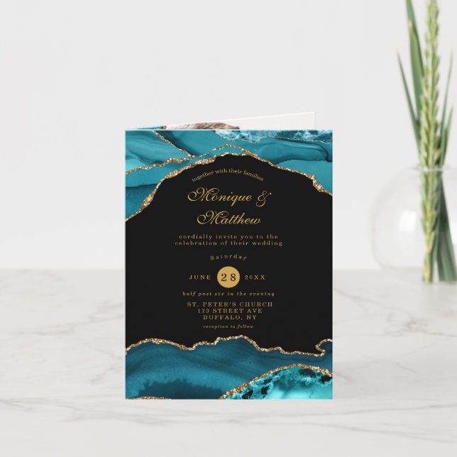Modernes Aquamarines Gold Agate Stone Wedding Foto Einladung (Vorderseite)