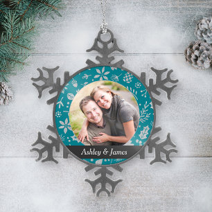 Modernes Aquamarines Holiday Folies Couple Foto Schneeflocken Zinn-Ornament