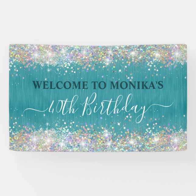 Modernes Aquamarines Holografisches Imitat Glitzer Banner (Horizontal)