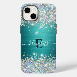Modernes Aquamarines Holografisches Imitat Glitzer Case-Mate iPhone 14 Hülle