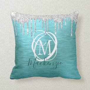 Modernes Aquamarines Metallisches Silver Glitzer T Kissen
