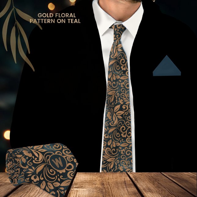 Modernes Aquamarines Muster-Monogramm Krawatte (Modern Teal Gold Floral Pattern Monogram Neck Tie)
