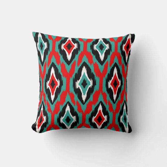 Modernes aquamarines Schwarz Ikat Tribal Muster 1a Kissen (Vorderseite)