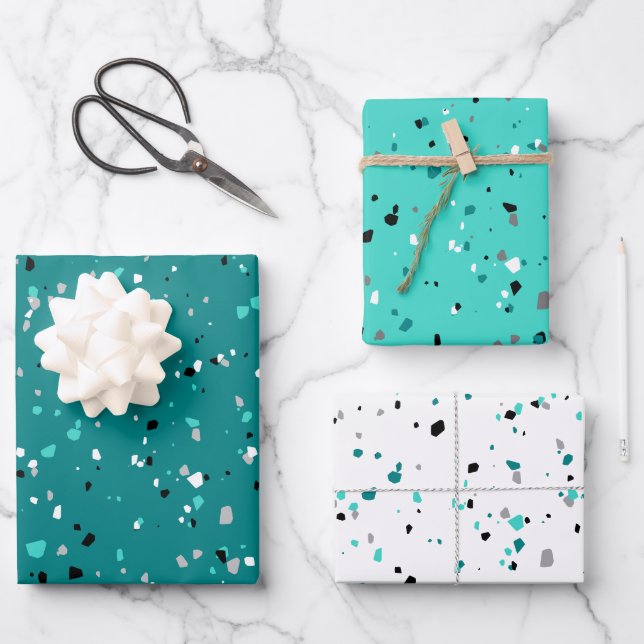 Modernes, Aquamarines Türkis Terrazzo Muster Geschenkpapier Set (Vorderseite)