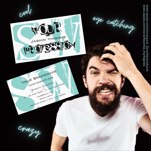 Modernes Aquamarines Weiß und Schwarz mit Monogram Visitenkarte (Von Creator hochgeladen)