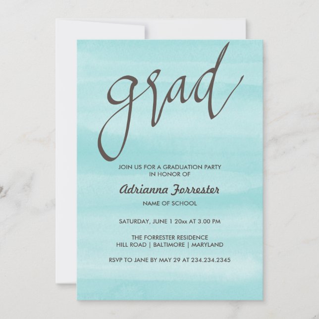 Modernes Aquarell-blaue Absolvent-Typografie Einladung (Vorderseite)