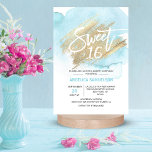 Modernes Aquarell Blue Sweet 16 Sechzehn 3,5 x 5" Einladung<br><div class="desc">*** CARDS sind 3.5"x5" klicken Sie auf "GRÖSSE" für GRÖSSERE Größen *** Schicken Sie diese modernen und eleganten süßen 16 sechzehn Einladungen an Ihre Gäste. Helle pastellblaue Aquarellfarbe auf weißem Hintergrund. Imitate goldener Pinselstrich mit 16 in Imitat Glitzer ! Editable Karten - Personalisieren Sie sie, indem Sie Ihren Text hinzufügen....</div>