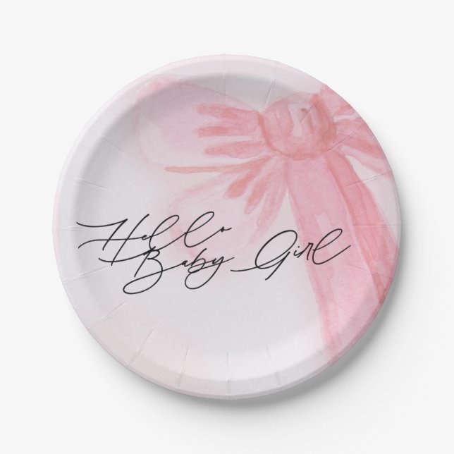 Modernes Aquarell Blush Pink Bow Hallo Baby Girl Pappteller (Vorderseite)