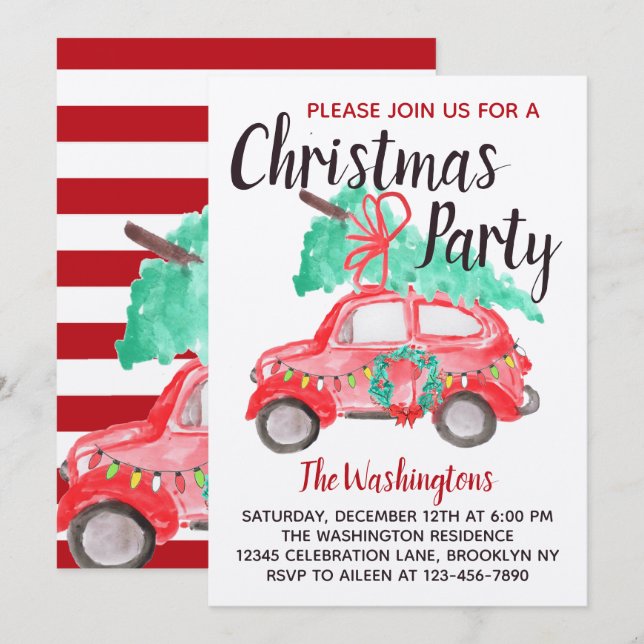 Modernes Aquarell Red Car Lkw Weihnachten Party Einladung (Vorne/Hinten)