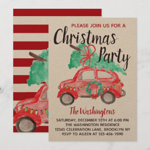 Modernes Aquarell Red Car Lkw Weihnachten Party Einladung