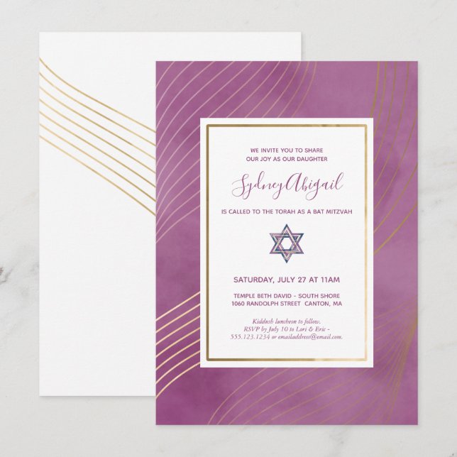 Modernes Aquarell Rosa und Gold Bat Mitzvah Einladung (Vorne/Hinten)