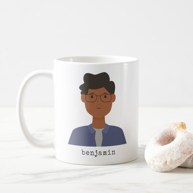 Modernes Aquarellbild Cartoon Menschenportrait Kaffeetasse (Mit Donut)