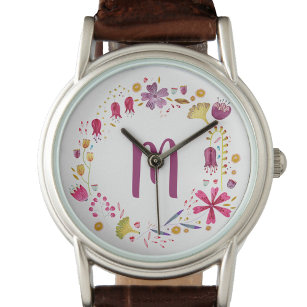 Modernes Aquarellfarben Blume Monogramm Armbanduhr