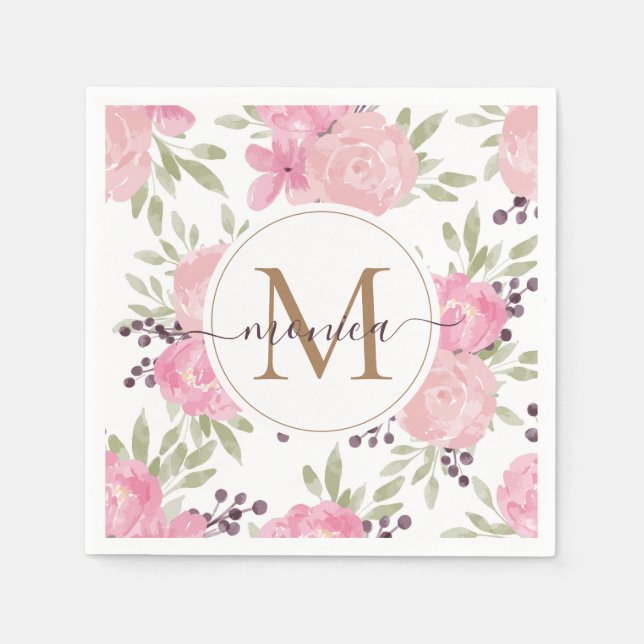 Modernes Aquarellfarben-Gold-Monogramm Name Napole Serviette (Vorderseite)
