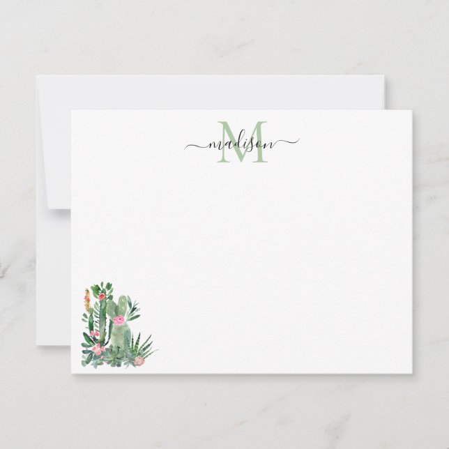Modernes Aquarellkaktus florale Wüstenmonogramm Mitteilungskarte (Vorderseite)