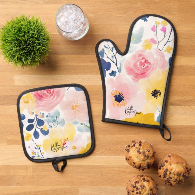 Modernes Aquarellmuster Ofenhandschuh & Topflappen-Set (Oben Unten)