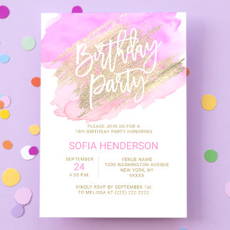 Modernes Aquarellpinken Lila Gold Geburtstag Einladung