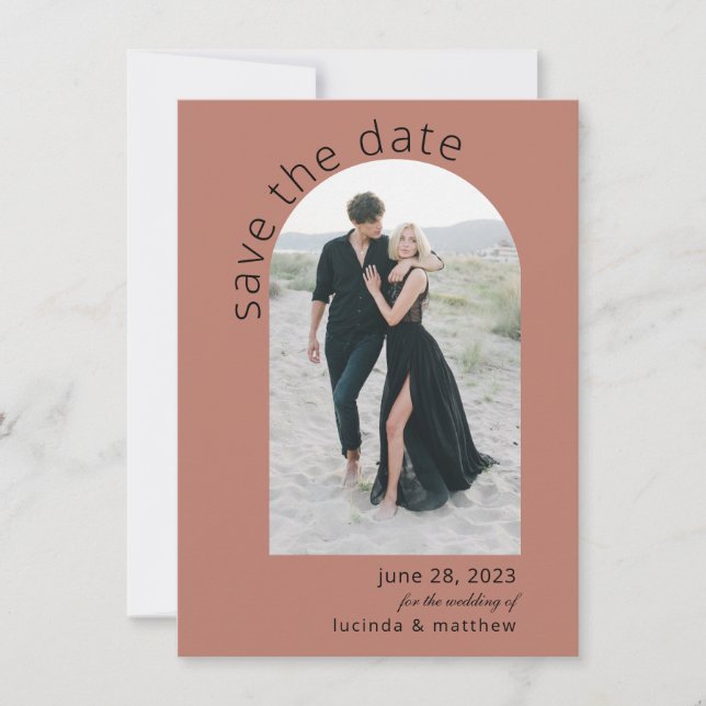 Modernes Arch Boho Hochzeit rettet das Datum (Vorderseite)