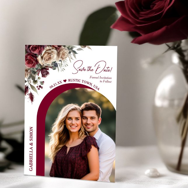 Modernes Arch Burgund & Cream Rose & Foto Hochzeit Save The Date (Von Creator hochgeladen)